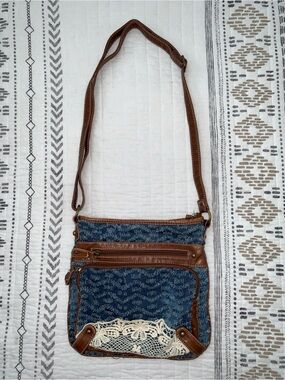 Brown and Blue Crossbody Bag with Crochet Accent
